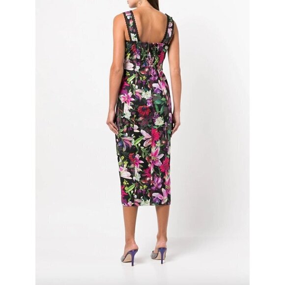 Marchesa Notte Floral Print Tea Length Sheath Midi Dress Black Womens 2 - Picture 4 of 16